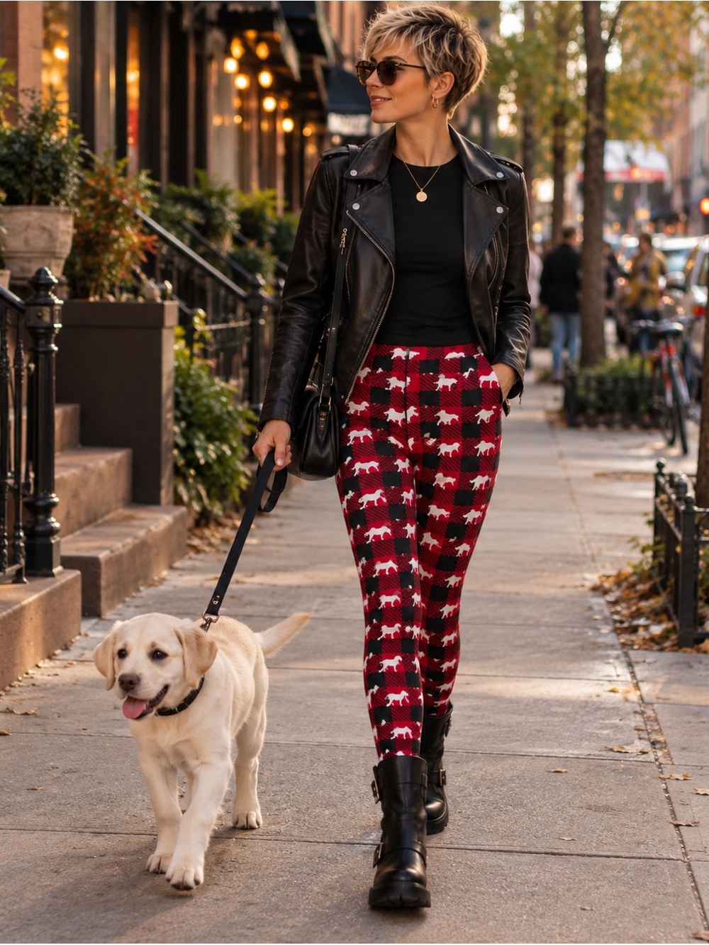 Red Black Plaid Dog Print Leggings Women’s Small